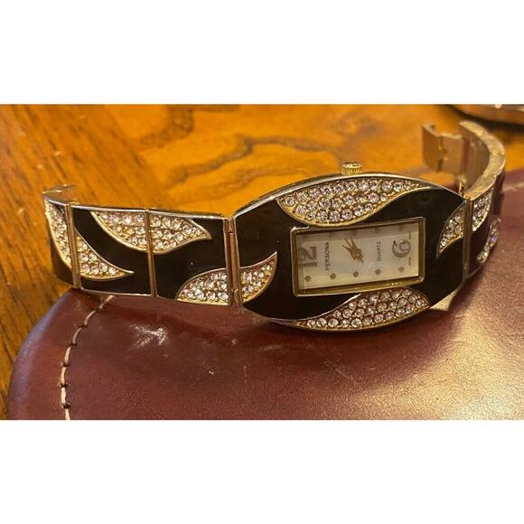 Women's 28mm Persona Dress Watch, Black Enamel and Crystal Accented - Picture 2 of 3
